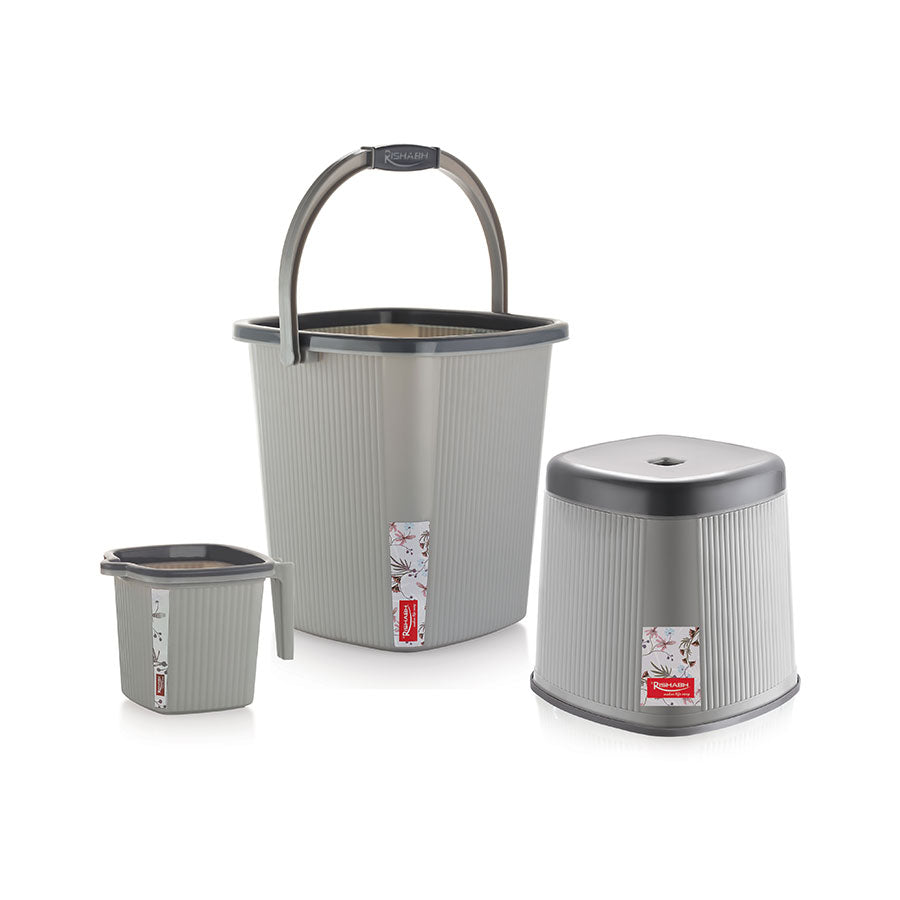 Rishabh Superline Small Superline Mug 1Ltr, Superline Bucket 20Ltr, Superline Stool Big Bathroom Set of 3Pcs Multicolour
