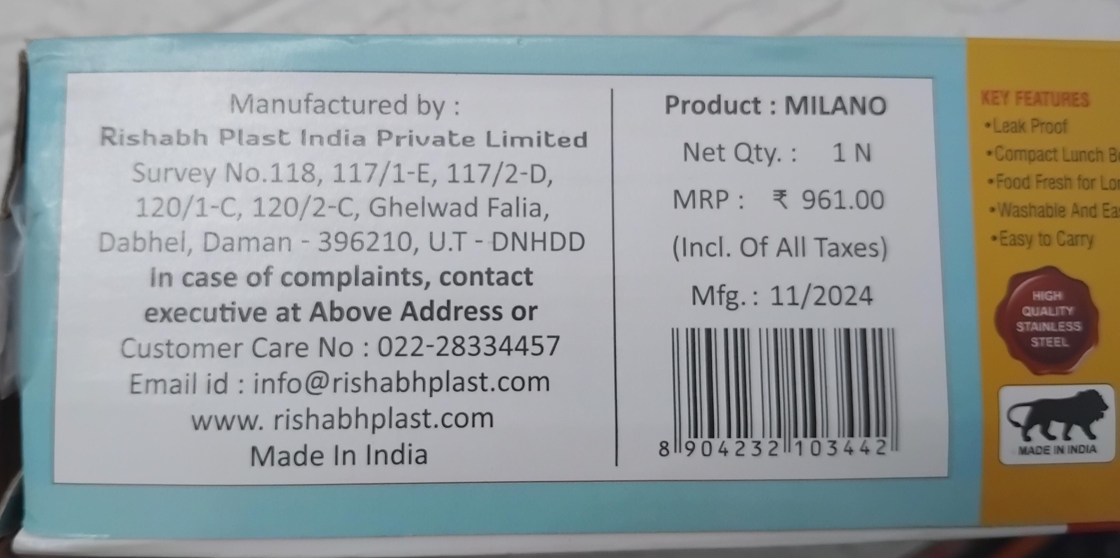 Rishabh Milano Steel Lunch Box With Spoon 2 containers