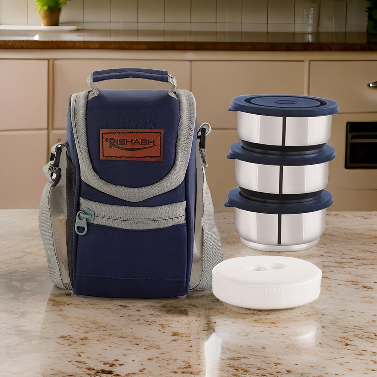 Rishabh Steel Bite Double Wall Insulated Modular Shape And 100% Leak Proof 3 Containers Lunch Box